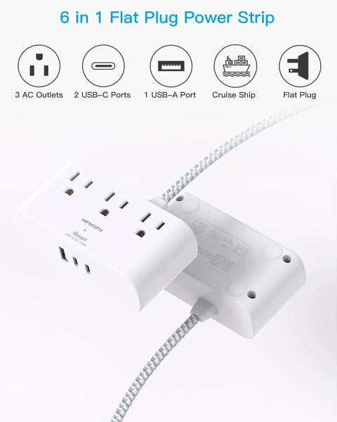 Flat Plug Power Strip Six Feet Ultra Thin Flat Extension Cord With Three Outlets And Three USB Ports Including Two USB C, angled view