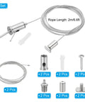 Ceiling Hanging Wire Cable Kit For Pendant Lights And Aquarium Lighting Two Meter Length Two Pack Adjustable Suspension Rope Clamps Chrome Finish Steel Wire For Small Diameter Cables Style One, chrome-plated components displayed