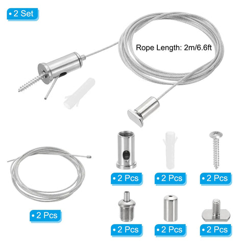 Ceiling Hanging Wire Cable Kit For Pendant Lights And Aquarium Lighting Two Meter Length Two Pack Adjustable Suspension Rope Clamps Chrome Finish Steel Wire For Small Diameter Cables Style One, chrome-plated components displayed