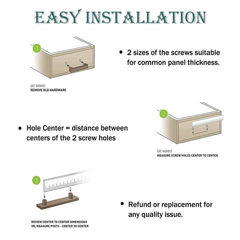 Diagram showing installation steps for cabinet handles with screw sizes and hole center explanation for easy installation.