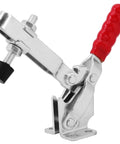Heavy Duty Vertical Toggle Clamp Bulletproof Quick Release Lever Knockout Grip For Metalworking Shops 500 Pound Holding Capacity Tight Linkage Lock close-up of clamp with red handle