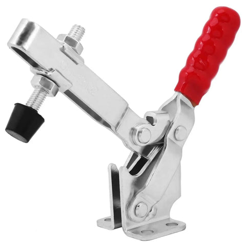 Heavy Duty Vertical Toggle Clamp Bulletproof Quick Release Lever Knockout Grip For Metalworking Shops 500 Pound Holding Capacity Tight Linkage Lock close-up of clamp with red handle