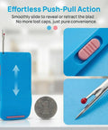 Magnetic Seam Guide for Sewing Machine Handy Hemmer Guide With Scale blue tool with retractable seam remover and coin for size.