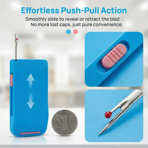 Magnetic Seam Guide for Sewing Machine Handy Hemmer Guide With Scale blue tool with retractable seam remover and coin for size.