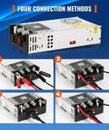 Adjustable DC Bench Power Supply Pumping Out 0 To 12 Volt And 0 To 50 Amp with connection methods displayed.