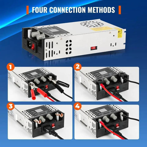 Adjustable DC Bench Power Supply Pumping Out 0 To 12 Volt And 0 To 50 Amp with connection methods displayed.