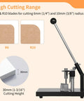 Hand Operated Corner Rounder Cutter With R6 And R10 Dies For Paper And Laminate Heavy Duty Beefy Tool showing cutting range.