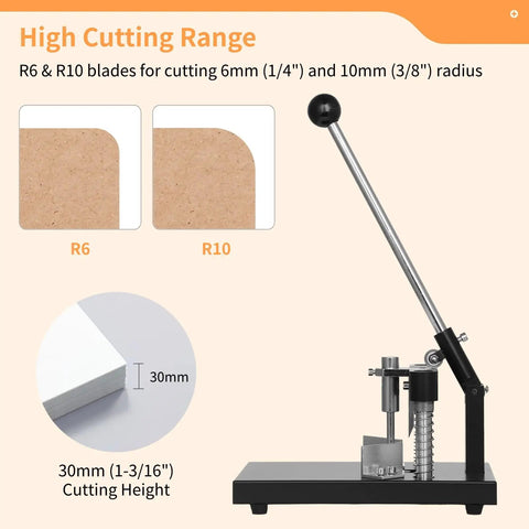 Hand Operated Corner Rounder Cutter With R6 And R10 Dies For Paper And Laminate Heavy Duty Beefy Tool showing cutting range.