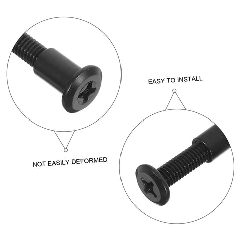 Close-up view of black bed screws from No Sweat Setup Top Shelf Bed Screw And Bolt Set For Furniture Frames Cabinet Joints 170 Piece Heavy Duty Connecting Hardware Kit.