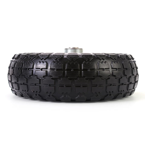 Side view of Two Pack 10 Inch Solid Polyurethane Tires For Garden Carts Hand Trucks Lawn Carts And Mowers with offset hub