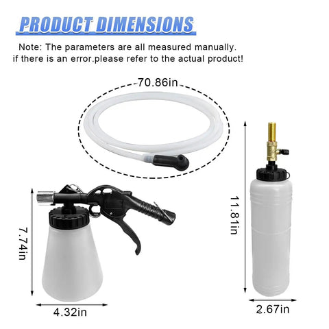 Dimensions of 1L Pneumatic Brake Fluid Bleeder Kit with Vacuum System, showing hose and bottle sizes in inches.