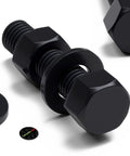 Ten Piece Black Nylon Hex Head Bolts M12 X 50Mm Plastic Fasteners Including Matched Nuts And Washers For Top Shelf Electrical Repairs Heavy Duty Corrosion Free Hardware No Sweat, close-up of hex head bolt with washer.
