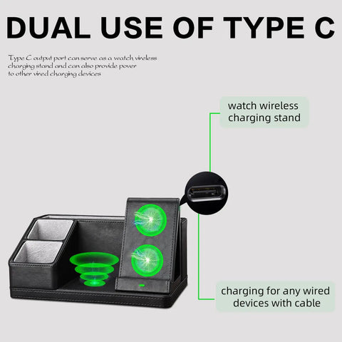Black Leather Desk Organizer With Built In Charging Station Keeps Your Desk Clean And Charged Features Pen Holder Remote Tray Phone Charger And Nightstand Storage For Your Home Office Setup with dual Type C charging options