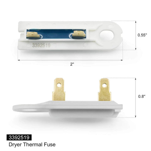 All In One Dryer Thermal Fuse Kit With High Limit And Cycling Thermostats For Whirlpool Kenmore Dryers, side and top view of fuse