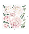Peony Flowers Wall Sticker In Vintage Pink For Modern Homes Dope Removable And Reusable Floral Wall Art You Can Reposition Made In The USA Contemporary Pink Peony Decor For Living Room Bedroom Nursery showing six vintage pink peonies and 22 leaves, peel and stick wall decal, 50x52 inches, floral decoration
