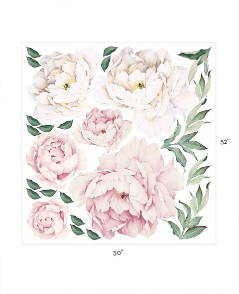 Peony Flowers Wall Sticker In Vintage Pink For Modern Homes Dope Removable And Reusable Floral Wall Art You Can Reposition Made In The USA Contemporary Pink Peony Decor For Living Room Bedroom Nursery showing six vintage pink peonies and 22 leaves, peel and stick wall decal, 50x52 inches, floral decoration