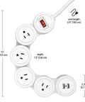 Flexible Surge Protector Power Strip With Four 3 Pin Grounded Outlets Two USB Ports Delivering 3 1A Total White Finish Six Foot Cord