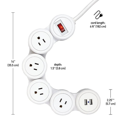 Flexible Surge Protector Power Strip With Four 3 Pin Grounded Outlets Two USB Ports Delivering 3 1A Total White Finish Six Foot Cord