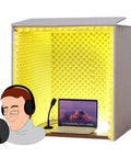 Portable Vocal Recording Shield With Premium Acoustic Foam Panels And Desktop Soundproof Cover That Flips The Script By Serving Crisp Pro Vocals And Killing Unwanted Room Echo Flat Out with yellow foam and laptop.