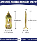 50 Pcs Self-Drilling Drywall Anchors With Screws Kit Heavy Duty Zinc Plated Steel 0.47x1.18 Inch No Drill Or Holes Needed