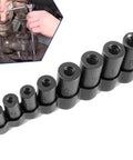 Tap Socket Set For One Quarter Inch And Three Eighth Inch Drive Pro Grade Fits Fractional MCTI Standard Taps Through One Half Inch And One Eighth NPT Taps Plus Metric Taps Through Twelve Millimeter Eight Piece Kit shown in use for engine repair