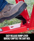 Foot using pedal on Workhorse Tow Behind Dump Cart With 750 Lb Capacity And Removable Tailgate For Yard Work, 12 Cu Ft Dump Bed