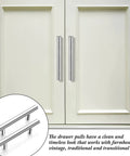 100 Pieces Brushed Stainless Steel Cabinet Pulls 3 Inch Hole Center Handles on white cabinet doors, clean modern look