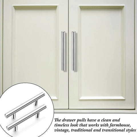 100 Pieces Brushed Stainless Steel Cabinet Pulls 3 Inch Hole Center Handles on white cabinet doors, clean modern look