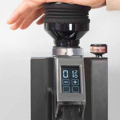 Premium Coffee Grinder Single Dose Funnel With Compact Air Blower And Durable Silicone Bean Hopper showing precise measuring with digital display.