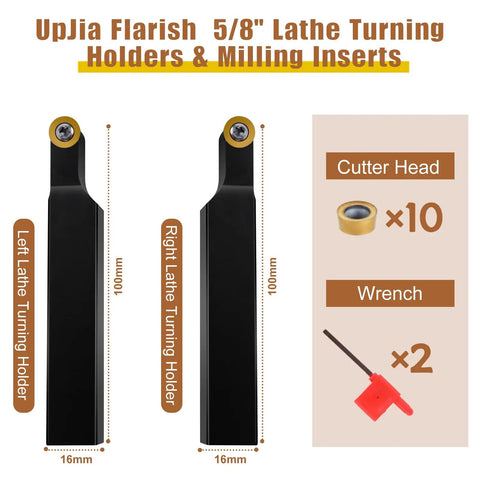 Heavy Duty Pro Grade Carbide Lathe Tool Kit With Blade Holder And Five Eighths Inch Shank, 10 RPMT10T3 Inserts, Includes SRAPR1616H10 And SRAPL1616H10, Plus 2 Wrenches For Metal Lathe Turning And Boring; showing two lathe holders, cutter heads, and wrenches.