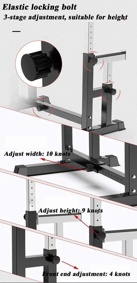 Versatile Barbell Rack For Home Gym, Heavy Duty Squat Stand with adjustable height and width, close-up of locking bolts.