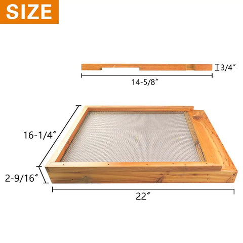 Two Pack Beehive Screened Bottom Boards for Langstroth Hives 10 Frame, Beeswax Dipped Cedar Wood dimensions displayed