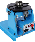 Heavy Duty Rotary Welding Positioner With Sturdy Three Jaw Chuck and Smooth Zero To Ninety Degree Tilt For No Sweat Seam Welding Runs, blue unit side view.