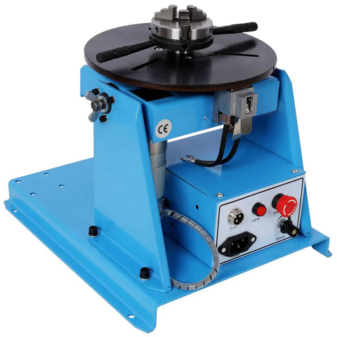 Heavy Duty Rotary Welding Positioner With Sturdy Three Jaw Chuck and Smooth Zero To Ninety Degree Tilt For No Sweat Seam Welding Runs, blue unit side view.