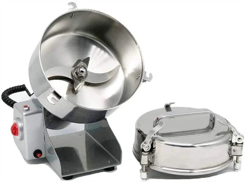 Electric Grain Grinder Mill With Swing Open Chamber showcasing stainless steel blades and lid, ideal for home kitchen use.