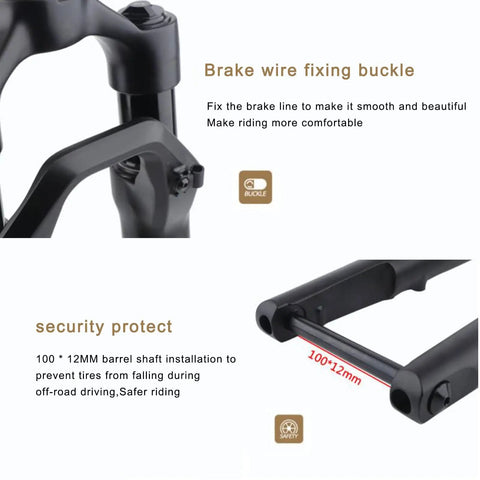 Close-up of 700c Suspension Fork For Road Bikes With Pneumatic Shock Absorption, brake wire fixing buckle and barrel shaft.