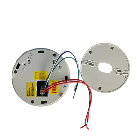 Real Deal Hardwired AC220V Smoke Detector With NO NC Switch Output For Reliable Fire Safety, wiring connectors and mounting base.
