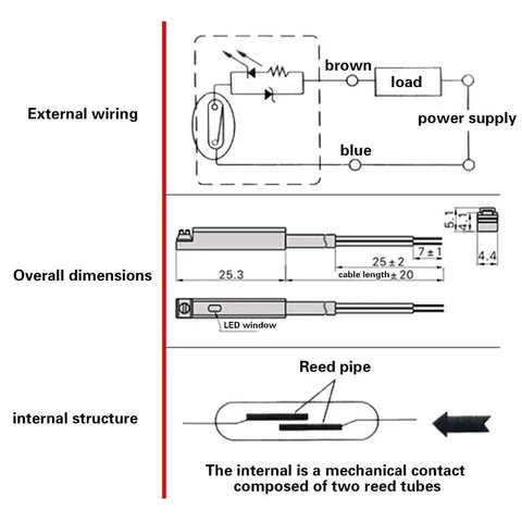 Diagram of Workhorse Magnetic Sensor Switch for Pneumatic Cylinder with dimensions and wiring details shown