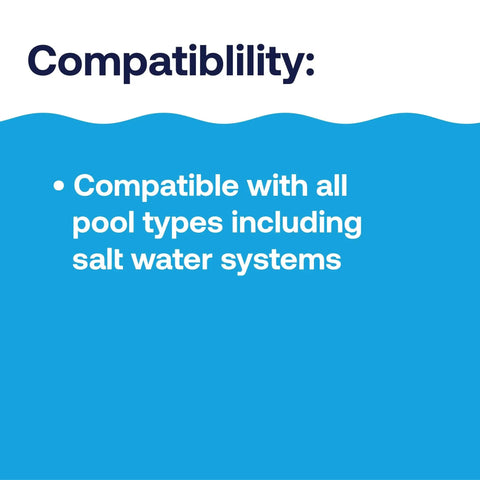 Pool Chlorine Stabilizer For All Pools Keeps Chlorine Fresh Longer, Shields Against Sunlight Degradation text on compatibility