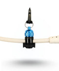 Blue Magnetic Regulator Octo Hose Holder Clip For Scuba Gear attached to a white hose, showing easy deployment and secure mount