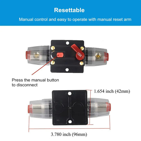 100A Auto Audio Inline Circuit Breaker With Manual Reset For 12V 24V DC Systems Protect Car Stereo And Marine Boat Audio From Overload And Short Circuit Ideal For Amps And Power Inverters, black plastic 96mm inline unit