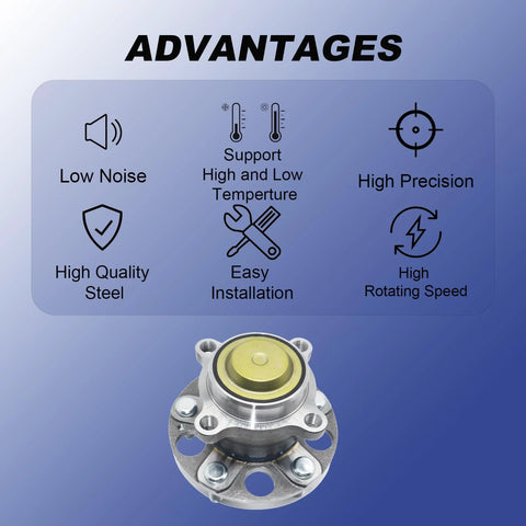 512544 Rear Wheel Bearing And Hub Assembly for Honda Accord 2013 2014 2015 2018 2019 2020 and Acura TLX 2015 2016 2017 2018 2019 2020 5 lug pattern product image showing hub with installation benefits.