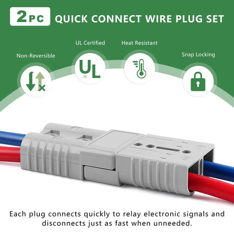 Heavy Duty 175 Amp Battery Quick Connect for 1 0 AWG Cable 600V Power Plug Kit, 2pc gray plug set with blue and red wires