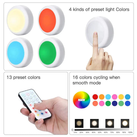 LED Puck Lights With Remote 3 Pack Color Changing RGBW Battery Powered Dimmable Under Cabinet Lighting With Timer And Memory Wireless Stick On Lights For Kitchen Closet Hallway