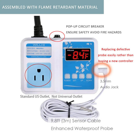 10 Amp 110V Temperature Controller Digital Thermostat Switch with 3m waterproof probe and US plug socket shown in detail view
