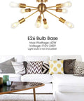 8 Light Sputnik Chandelier Brass Semi Flush Mount Ceiling Light above modern living room setup