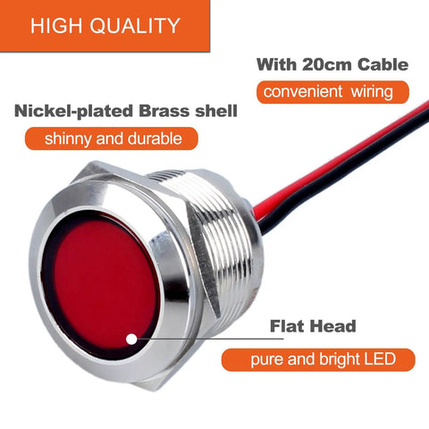 Close-up of a Pair 22mm Metal Indicator Light Panel Mount Seven Eighths Inch Hole Super Bright Red LED Waterproof IP67 110 To 220 VAC with 20cm wire