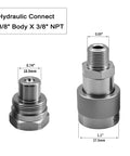 GLOCRORET 3/8 in hydraulic quick-connect adapters set; front and side views of two knurled metal fittings with threaded ends.