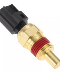 Engine coolant temperature sensor with brass body, red thread sealant, black plastic connector (side view)