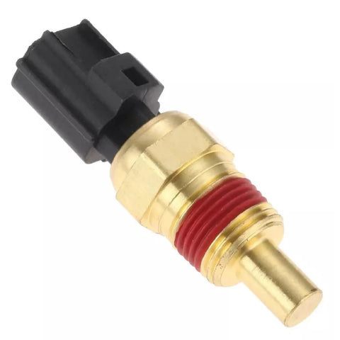 Engine coolant temperature sensor with brass body, red thread sealant, black plastic connector (side view)